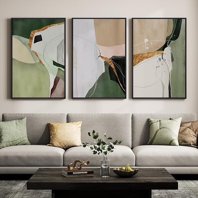 Large Framed Green and Beige Abstract Wall Art by Cuspin