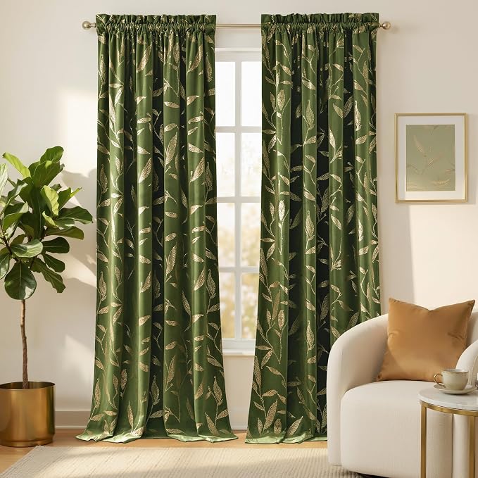 NICETOWN Leaf Patterned Green Velvet Curtains 96 inches Long 2 Panels Gold Foil by NICETOWN