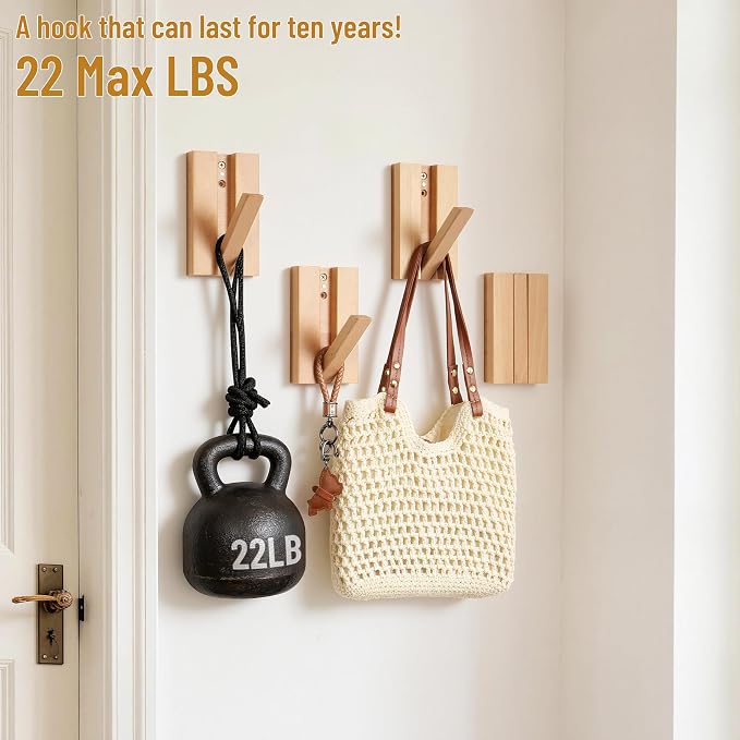 Wall Hooks for Small Space: Foldable Wooden Natural Coat Hooks 2Pack for - Image 4