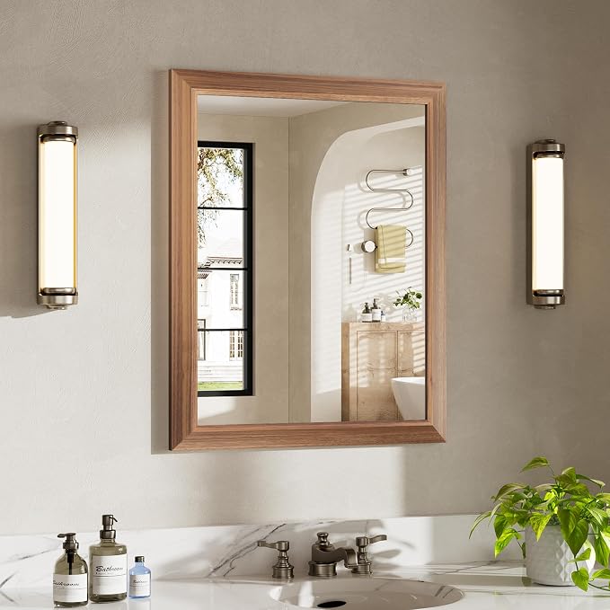 24x30 Inch Bathroom Mirror for Wall, Anti-Rust Walnut Wood Grain Metal Framed by Briivuemodernmirrors