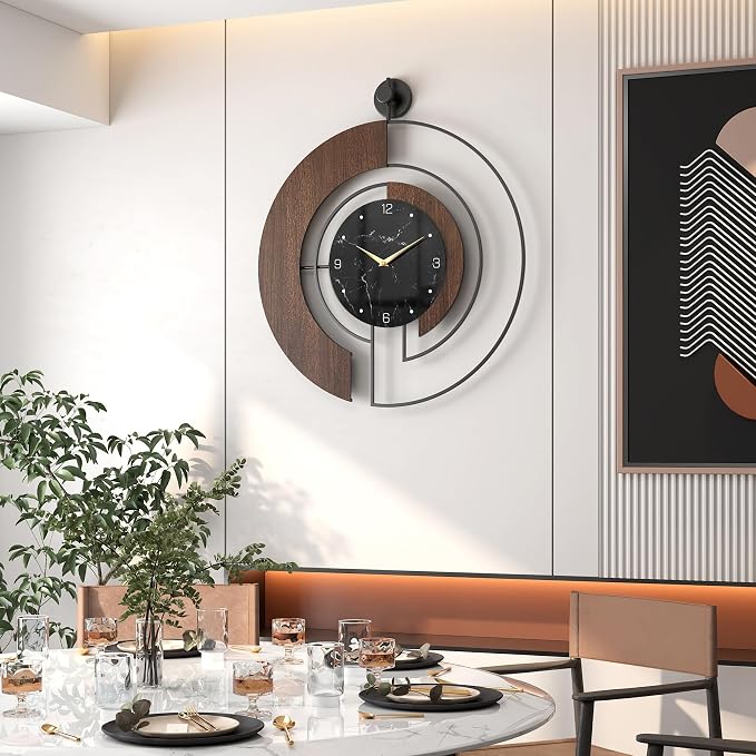 Modern Walnut Marble Dial Wall Clock, Large Wood Metal Frame Silent Non Ticking - Image 6