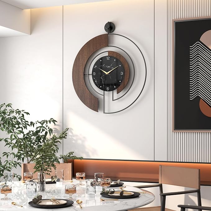 Modern Walnut Marble Dial Wall Clock, Large Wood Metal Frame Silent Non Ticking - Image 3