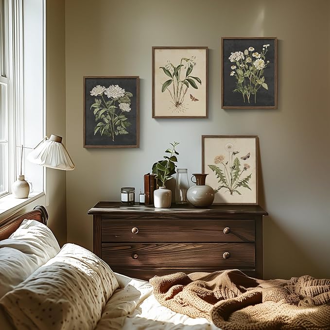Framed Botanical Wall Art for Living Room, 4 Piece Rustic Floral Canvas - Image 4