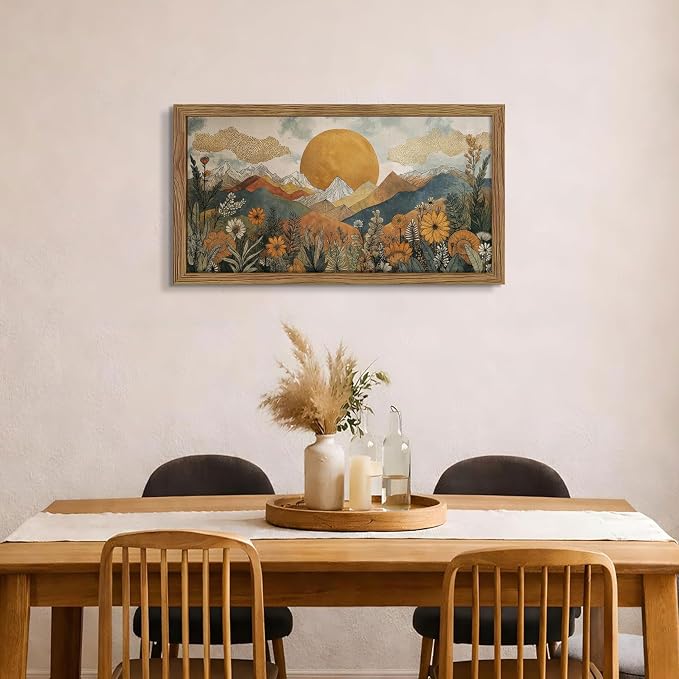 Framed Boho Landscape Large Wall Art, Abstract Sun Mountain Canvas Wall Decor - Image 9