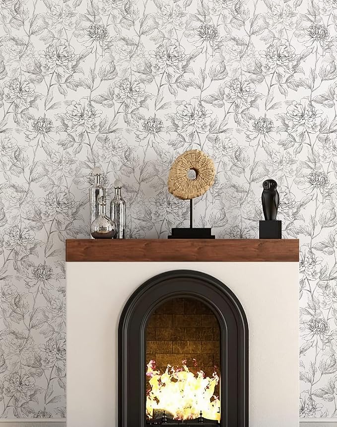 JiffDiff Floral Wallpaper Black & White Peel and Stick Vintage Peony Wall Paper - Image 2
