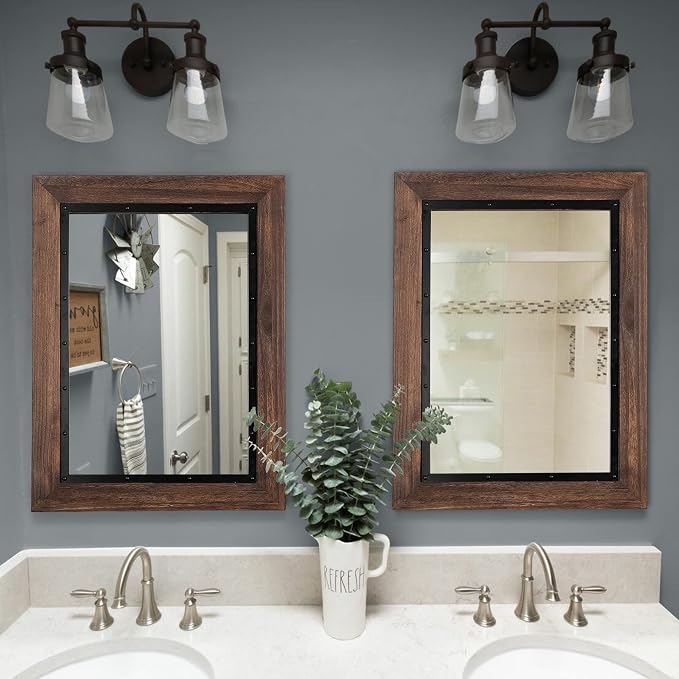 YOSHOOT Rustic Wooden Framed Wall Mirror, Natural Wood and Iron Bathroom Vanity - Image 3