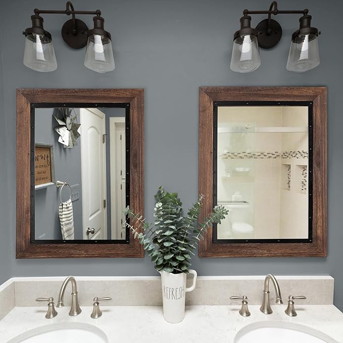 YOSHOOT Rustic Wooden Framed Wall Mirror, Natural Wood and Iron Bathroom Vanity - Image 3