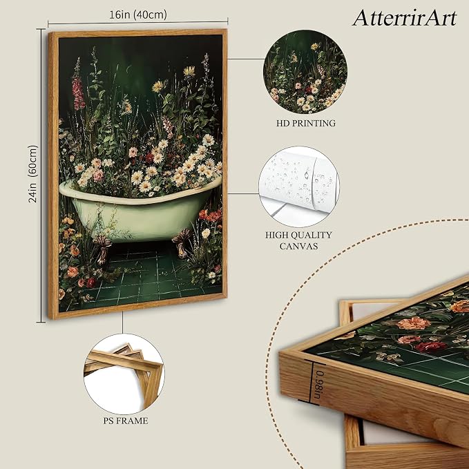 AtterrirArt Framed Vintage Bathroom Wall Art, 16 * 24inch, Whimsical Bathtub - Image 4