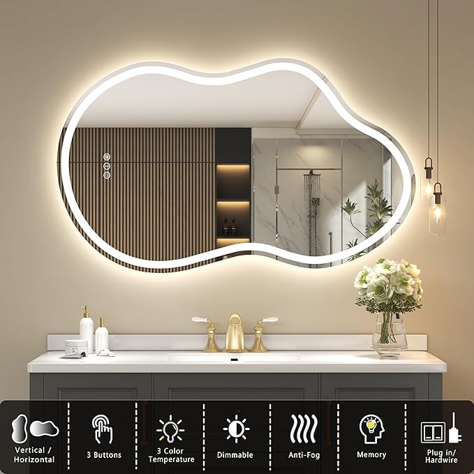SMIROR Irregular Led Backlit Bathroom Mirror 60 x 32 inch, Asymmetrical Cloud - Image 3