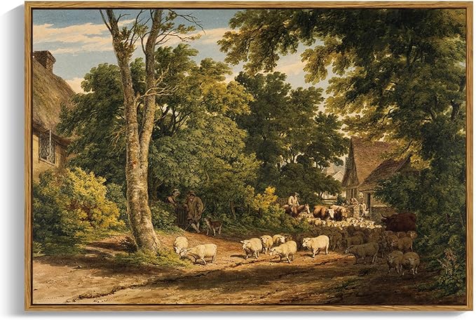 OIQArtOIQ Vintage Framed Wall Art Rural Farm Scene Canvas Art Prints by OIQArtOIQ