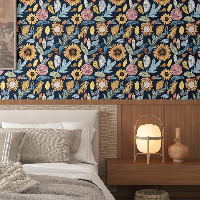 Blue Boho Wallpaper Peel and Stick, Vintage Floral Contact Paper 17.5" x 118" - Image 7