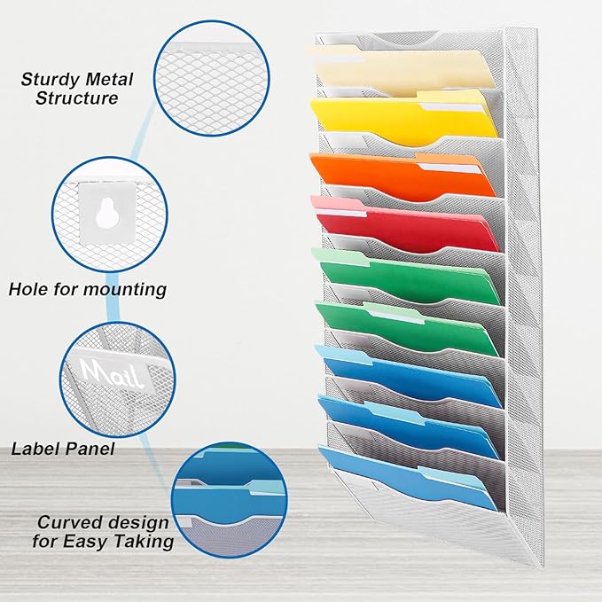 EASEPRES 10 Pocket Mesh Hanging Wall File Organizer, Wall Mounted Mail Paper - Image 3