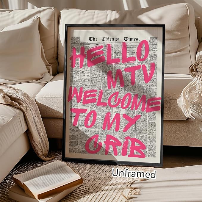 Pink Hello MTV Welcome To My Crib Quote Poster, Vintage Black White Newspaper - Image 6