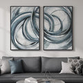 Framed Blue Gray Abstract Wall Art Set of 2, Modern Circle Line Canvas Artwork by MXART