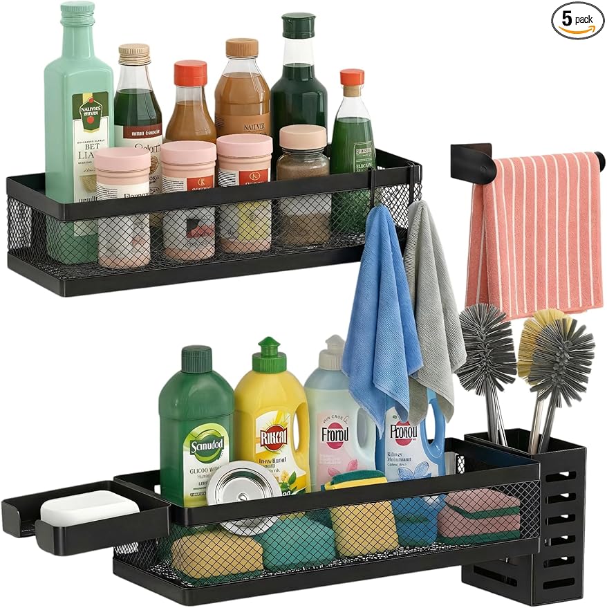 PUSDON 5-in-1 Wide Wall Mount Wrapped Mesh Kitchen Organizer & Shower Caddy Kit by PUSDON