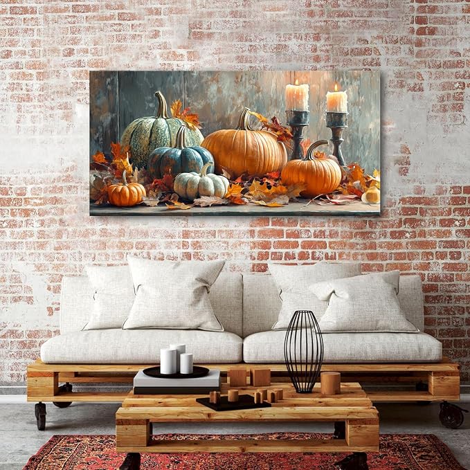 Farmhouse Kitchen Decor Pumpkin Wall Decor Maple Leaves Painting White Orange - Image 4