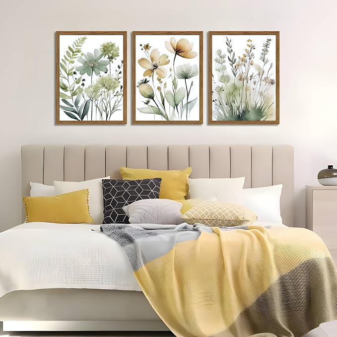 Wood Framed Sage Green Botanical Wall Art Set of 3, Boho Floral Canvas Wall - Image 8