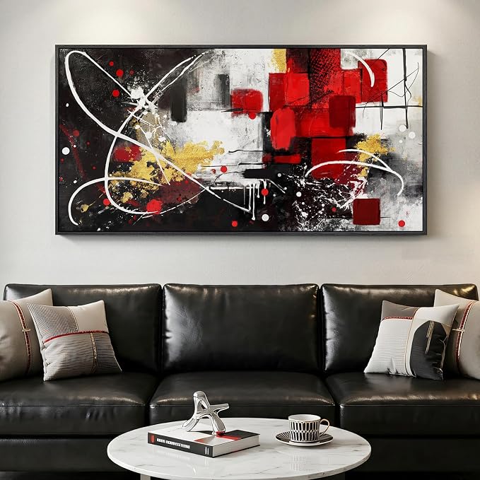 Extra Large Framed Red Black and White Abstract Wall Art by Cuspin
