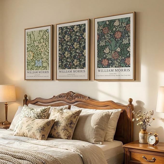 Large Framed William Morris Green Wall Art Set of 3, Vintage Floral Canvas - Image 2