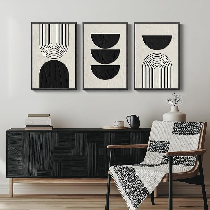 Framed Boho Black and White Abstract Wall Art, 3 Piece Modern Beige Canvas - Image 4