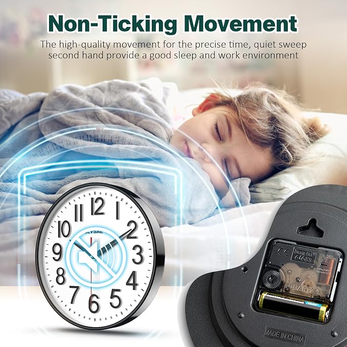 GLVSAE Wall Clock 12 Inches Non-Ticking Wall Clocks Battery Operated Large Easy - Image 4