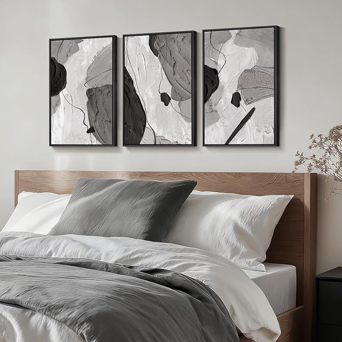 Framed Black and White Modern Abstract Wall Art, 3 Piece Canvas Prints - Image 2