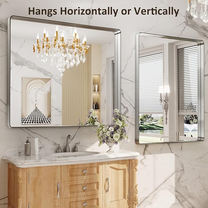 LOAAO 40X36 Inch Brushed Nickel Bathroom Mirror, Rounded Rectangle Silver Metal - Image 4