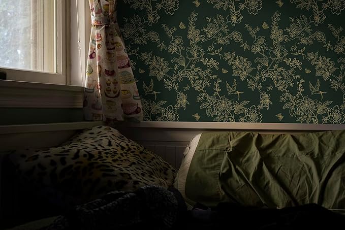Froluya Dark Green and Gold Wallpaper Floral Peel and Stick Wallpaper - Image 2