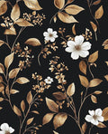 Vintage Black Peel and Stick Wallpaper – Black and Gold Floral Leaf Design Dark by VOLEAARWALLPAPER
