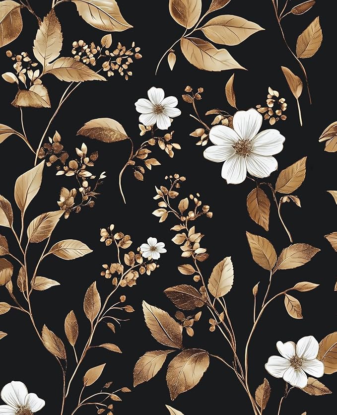 Vintage Black Peel and Stick Wallpaper – Black and Gold Floral Leaf Design Dark by VOLEAARWALLPAPER