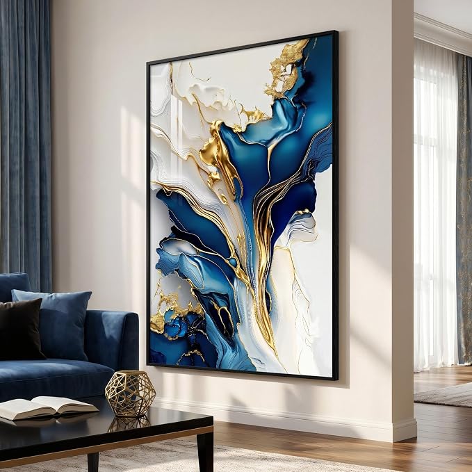 Extra Large Black Framed Gold and Blue Abstract Wall Art - Image 4