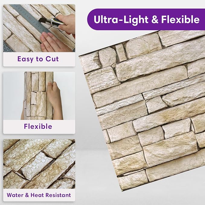 3D Peel and Stick Faux Stone Wall Panels 11.8" x 11.8" 10-Pack, Stone-Look Wall - Image 5