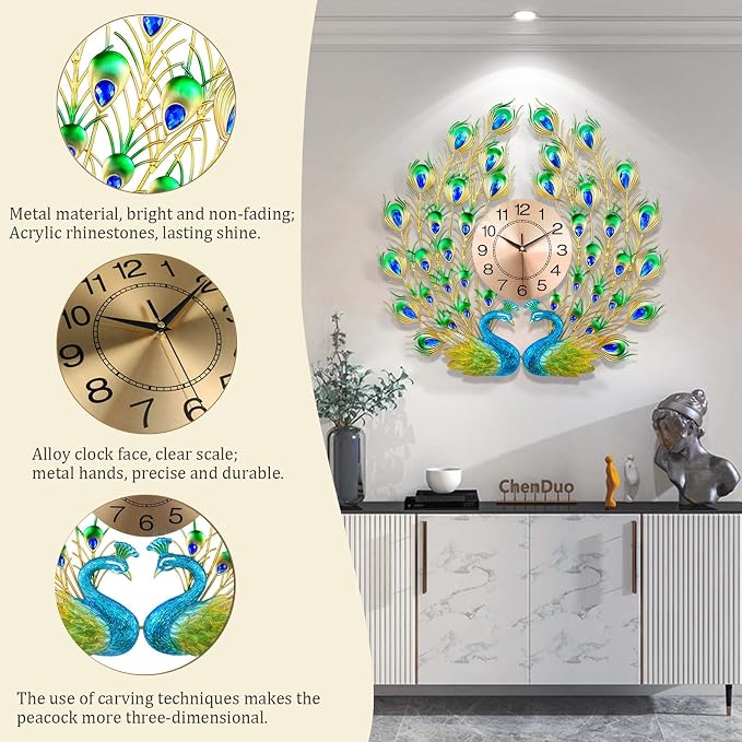 Large Peacock Wall Clock Silent Non-Ticking, 3D Creative Luxury Decorative Wall - Image 5