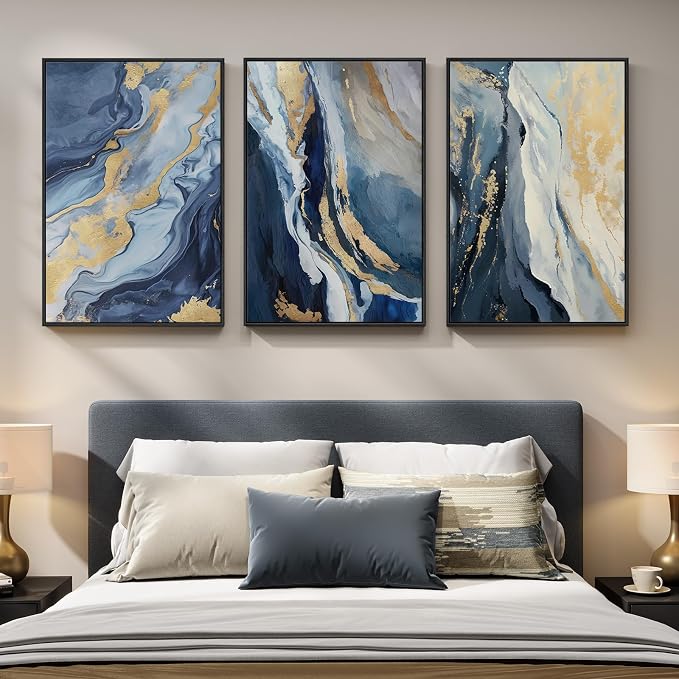 Large Framed Blue and Gold Abstract Wall Art - Image 4