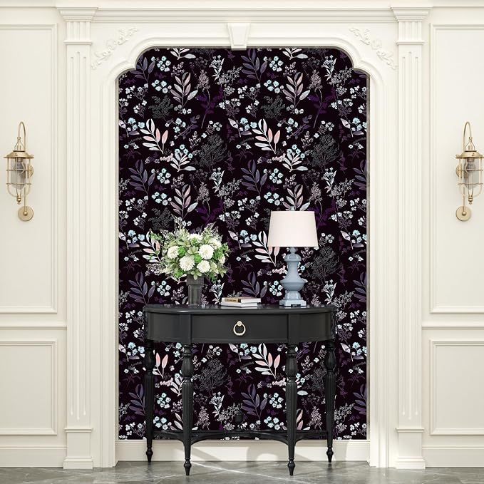 Laatse Vintage Purple Wallpaper Peel and Stick Dark Floral Wallpaper 17.5'' x - Image 3