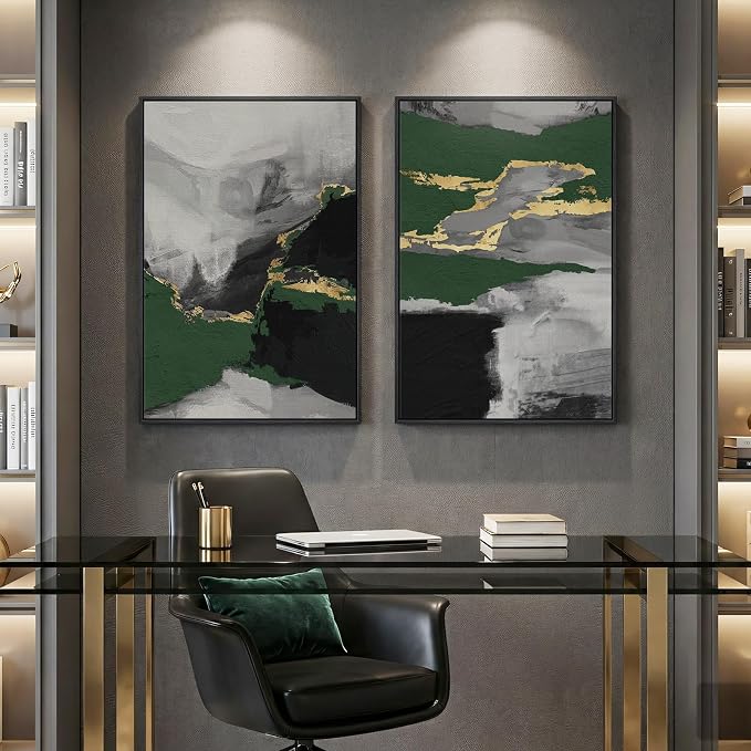 Large Framed Green Abstract Wall Art, 2 Piece Modern Canvas Prints Paintings - Image 5