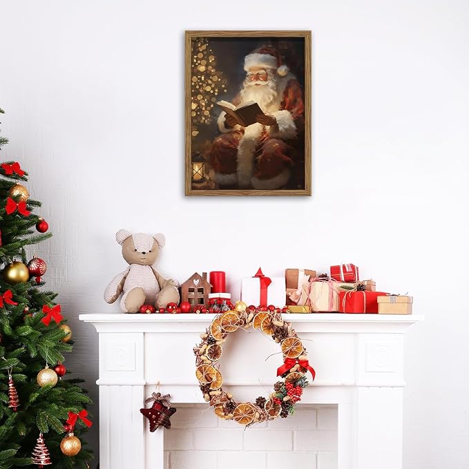 Framed Santa Christmas Wall Art, Vintage Santa Claus Reading Canvas Paintings - Image 6