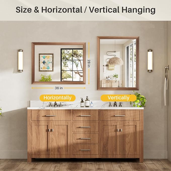 28x36 Inch Bathroom Mirror for Wall, Anti-Rust Walnut Wood Grain Metal Framed - Image 7