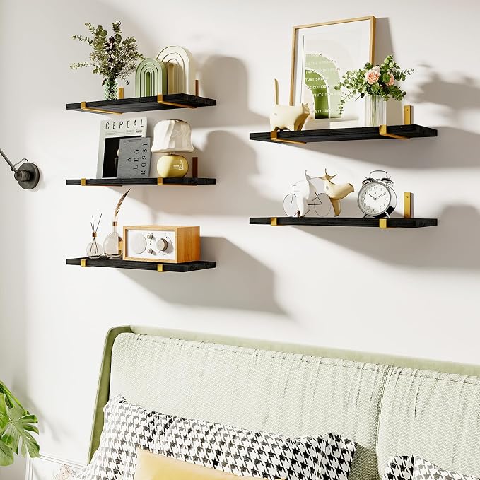 Fixwal Floating Black Gold Shelves Set of 5, Width 4.7 Inches, Rustic Wood Wall - Image 7
