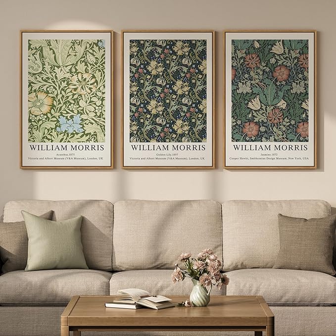 Large Framed William Morris Green Wall Art Set of 3, Vintage Floral Canvas by Cuspin
