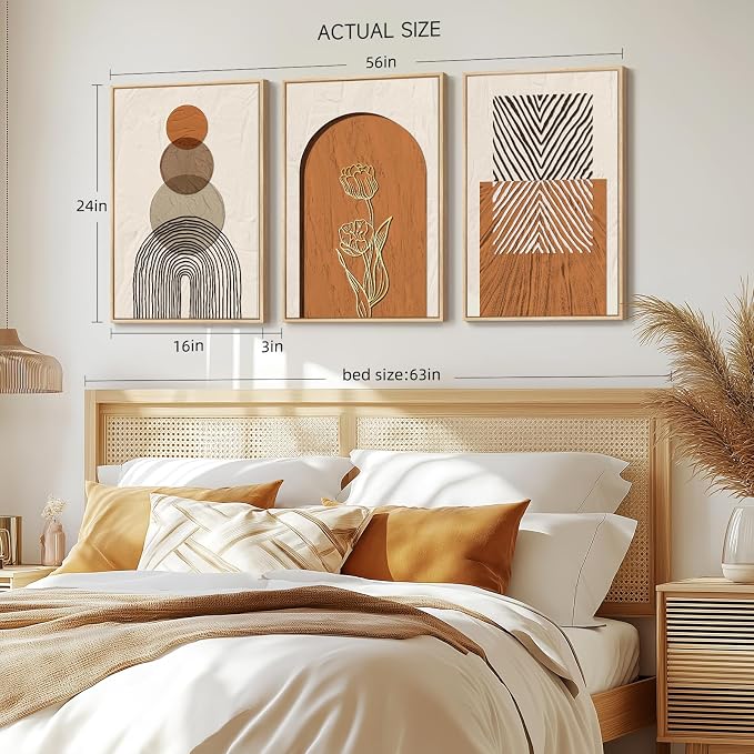 Framed Boho Abstract Wall Art Bedroom, 3 Piece Neutral Orange Paintings Prints - Image 2
