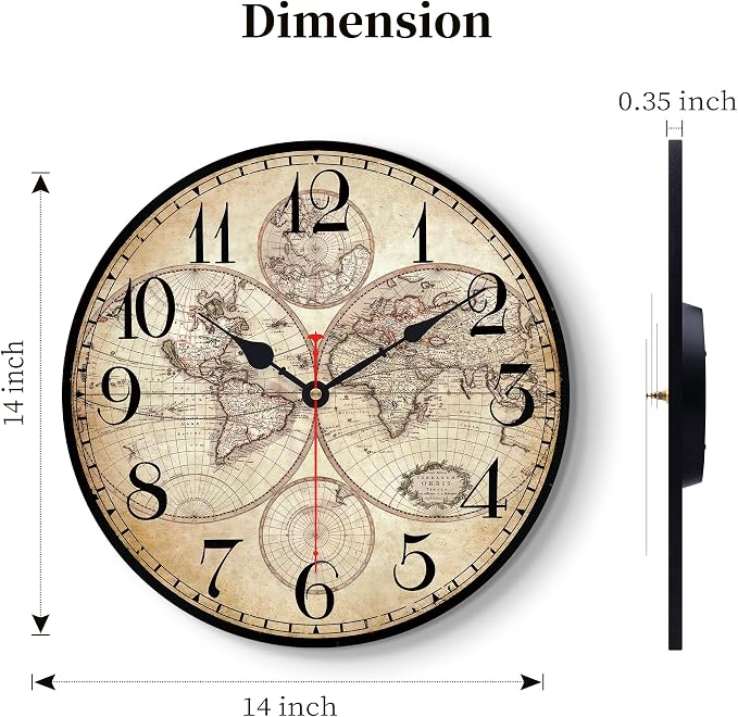 14 Inch Wooden Wall Clock Globe World Map Retro Vintage Rustic Wall Clocks - Image 4