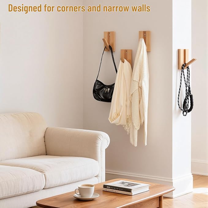 Wall Hooks for Small Space: Foldable Natural Wooden Coat Hooks 4Pack for - Image 7