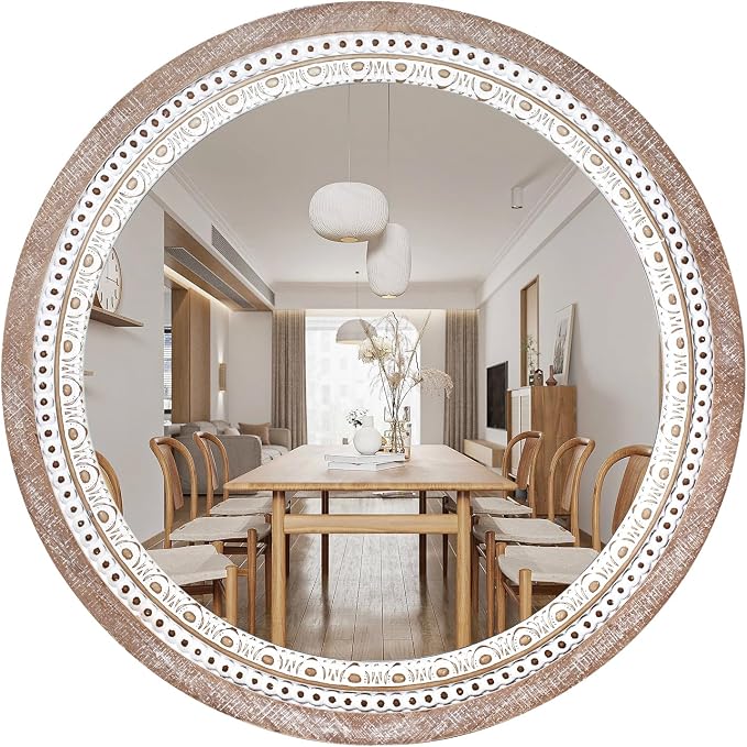 Reflinto 24 Inch Boho Wooden Round Mirror by ReflintoWallDecor