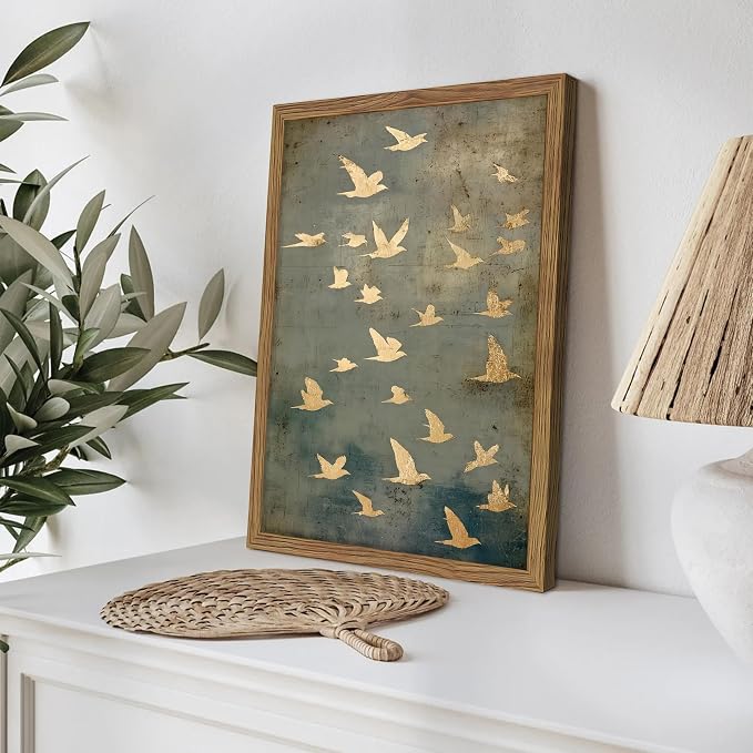 Framed Flock of Birds Canvas Wall Art, Vintage Minimalist Abstract Landscape - Image 6