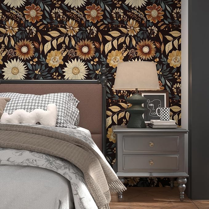 Extra Long Vintage Wallpaper Peel and Stick, 17.5" x 393" Boho Dark Floral - Image 2