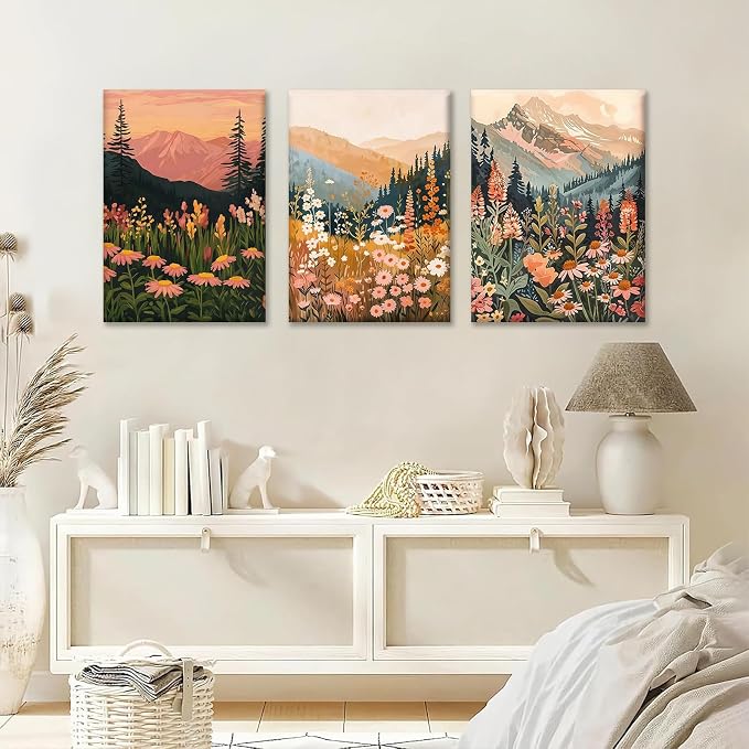 KBKBART Boho Colorful Landscape wall art Set of 3, Wildflower Mountain Wall - Image 3