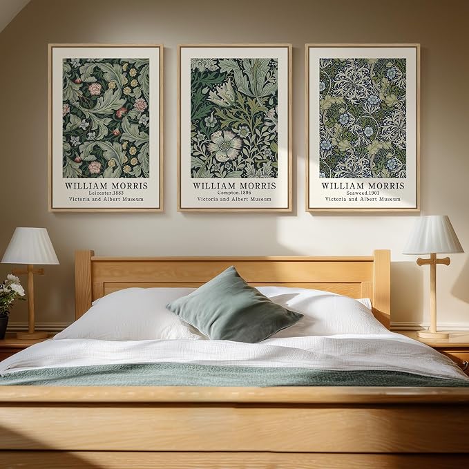 Large Framed William Morris Green Wall Art, 3 Piece Vintage Floral Canvas Prints - Image 4