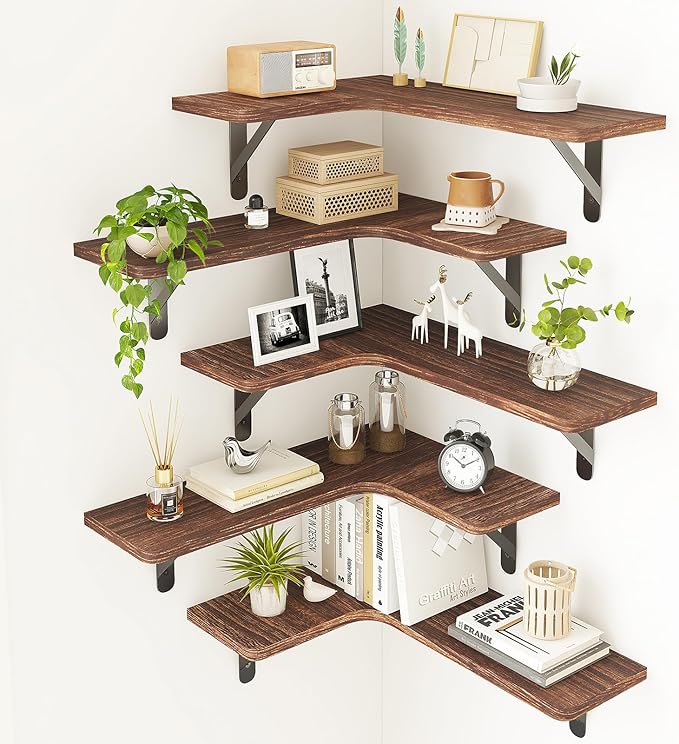 Fixwal Corner Floating Shelves for Wall Set of 5, Rustic Wood Wall Mounted by Fixwal
