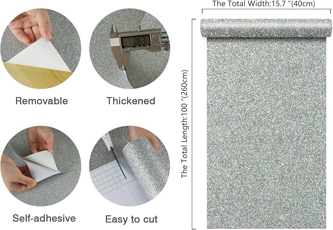 CHIHUT Holographic Silver Glitter Wallpaper Stick and Peel - Image 2